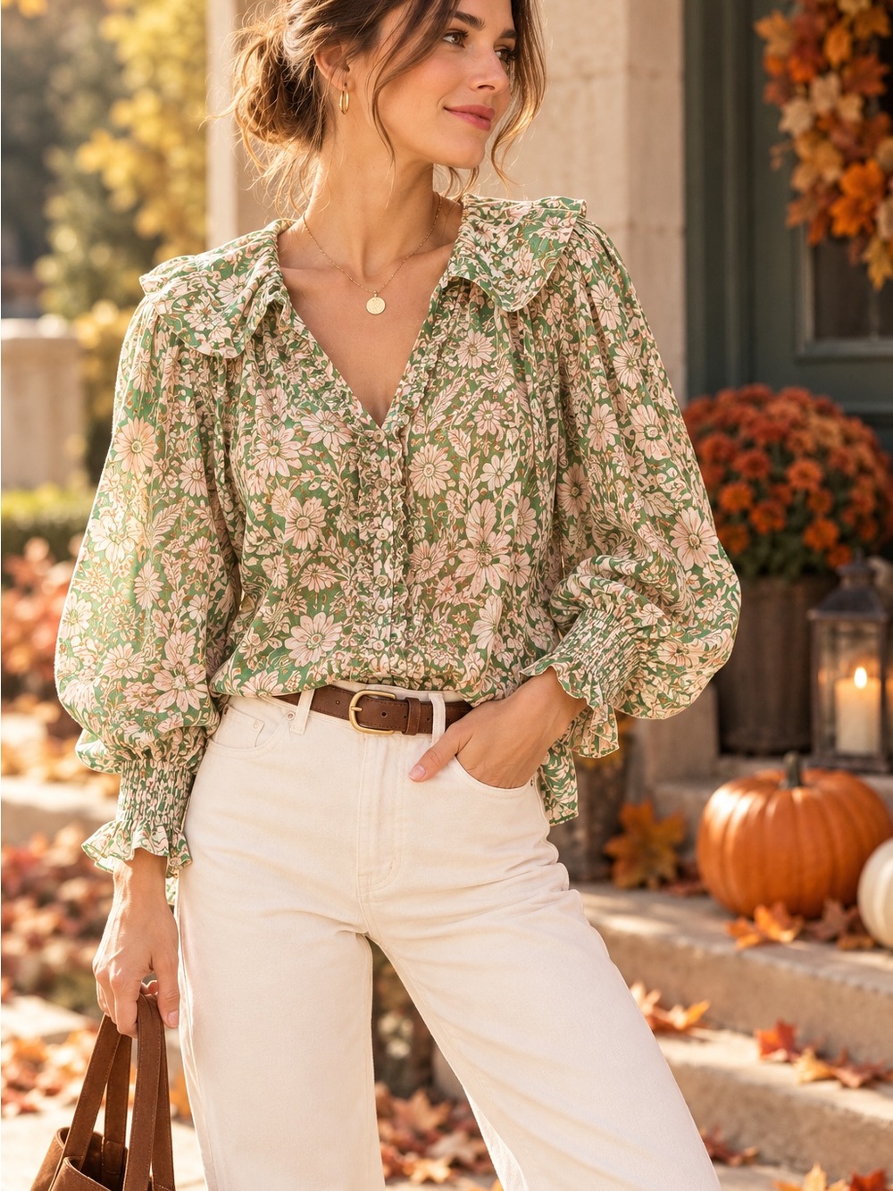 Anthropologie Green Floral Print Puff Sleeve Button Front Blouse S